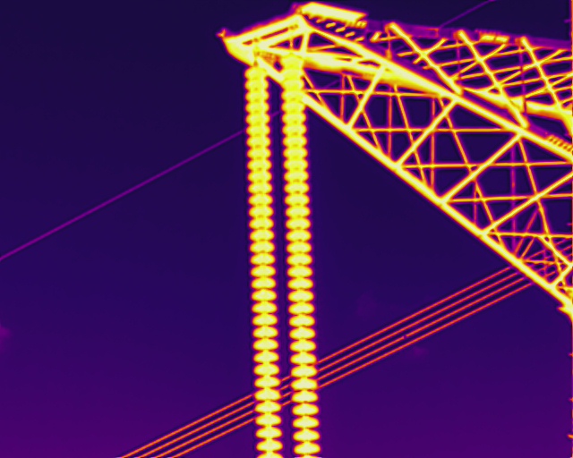 Thermal image of electricity pylon showing close up of insulator