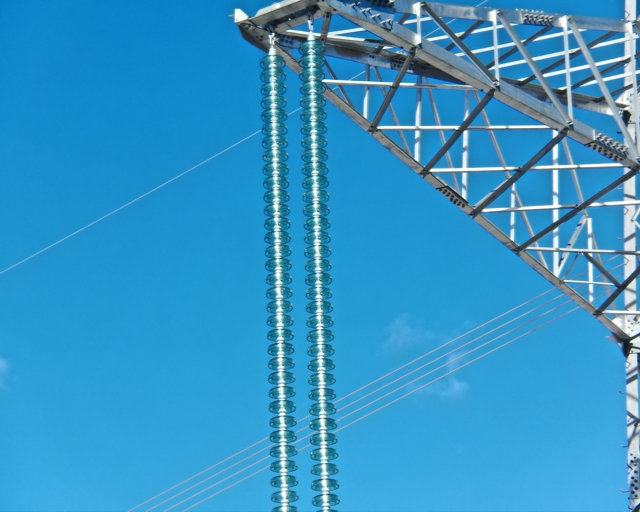 Visible spectrum image of electricity pylon showing close up of insulator - compare with following thermal image
